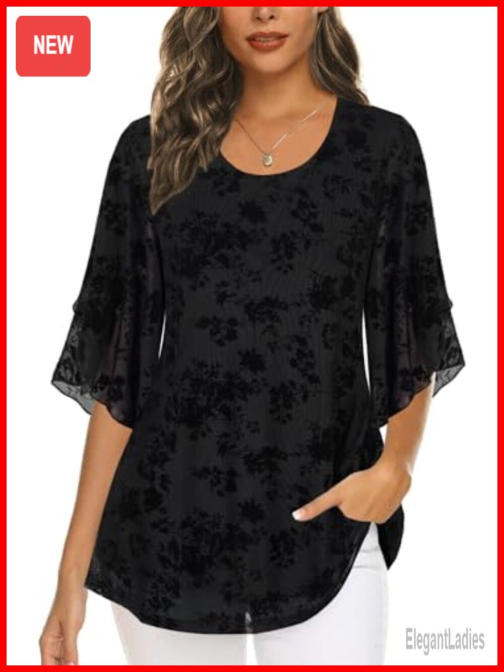 Women's Mesh Tunic Top 3/4 Sleeve Scoop Neck Blouse Dressy Casual